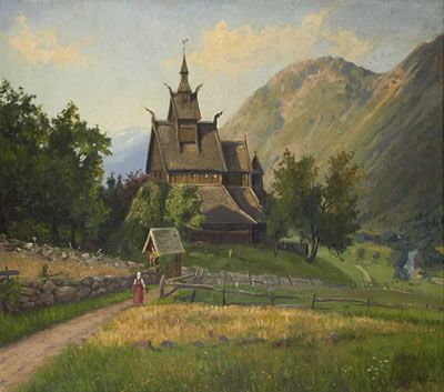 Stave Church by Hans Andreas Dahl Hans Dahl Paintings, Kristin Lavransdatter, Norwegian Painting, Hans Dahl, Norwegian Girl, Nordic Painting, Stave Church, Church Painting, Magic Land