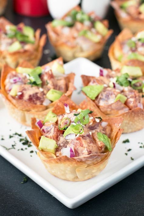 Spicy Tuna Poke and Avocado Wonton Cups Recipe 1st Birthday Luau, Spicy Tuna Poke, Wonton Cups Appetizers, Food Starters, Birthday Luau, Asian Appetizers, Wonton Cups, Tuna Poke, Tuna Avocado