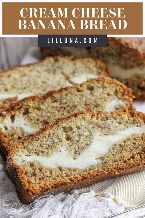 No yeast is involved in this yummy Cream Cheese Banana Bread! It's delicious, simple, and topped with cinnamon and sugar. #creamcheesebananabread #bananabread #creamcheese #breadrecipe #bananarecipes Cream Cheese Banana Bread Muffins, Banana Bread Cream Cheese Filling, Banana Bread Recipe Cream Cheese, Lemon Cream Cheese Bread, Aka Cupcakes, Banana Bread Cream Cheese, Cream Cheese Banana Bread, Cream Cheese Bread, Banana Bread Muffins