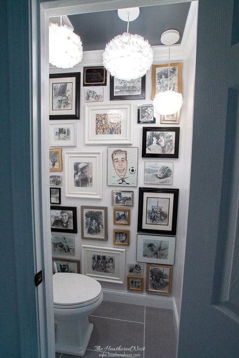 water closet with large gallery wall in grey bathroom with feather pendant lighting Water Closet Decor, Toilet Closet, Bathroom Gallery Wall, Bathroom Renovation Cost, Large Gallery Wall, Spa Inspired Bathroom, Timeless Bathroom, Bathroom Gallery, Downstairs Toilet