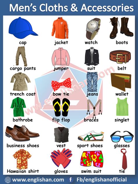 Men’s Cloths & Accessories Vocabulary with images and Flashcards, this lesson helpful for student and learner to improve their Men’s Cloths & Accessories vocabulary in English. Rich People Vocabulary, Clothes Names In English, Clothes In English Vocabulary, Tools Vocabulary, Vocabulary Clothes, Animals Name List, English Picture Dictionary, Picture Vocabulary, Vocabulary In English