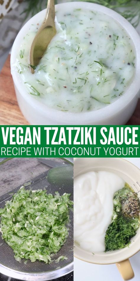 collage of images with vegan tzatziki sauce in white bowl with gold spoon, grated cucumber in mesh strainer and tzatziki sauce ingredients in mixing bowl Vegan Tzatziki Sauce, Shredded Cucumber, Cucumber Yogurt Sauce, Vegetarian Freezer Meals, Creamy Pesto Sauce, Vegan Tzatziki, Cucumber Yogurt, Homemade Tzatziki, Vegan Yogurt