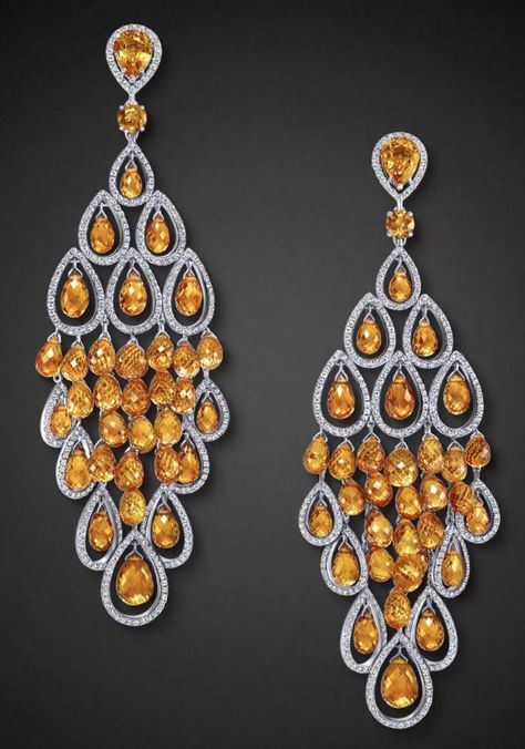 Briolette Earrings with 3.37 carats of diamonds and 65.47 carats of orange sapphires from Graff Graff Earrings, Graff Jewelry, Colored Diamond Jewelry, Orange Diamond, Royalty Fashion, Fake Jewelry, Yellow Jewelry, Princess Charlene, Diamond Jewelry Designs