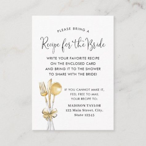 $0.40 | Wedding Spoon Fork Bridal Shower Recipe Request #recipeforthebride #bridalshower #bridalrecipe #recipecard #weddingutensilscutlery #spoonforkknife #elegantmoderngoldribbonbow #reciperequestforthebride #bridalbrunch #scriptcalligraphytypography Bridal Shower Recipe Request, Bridal Shower Cocktails, Bridal Era, Bridal Shower Recipe, Sunflower Bridal Shower, Wedding Showers, Shower Stuff, Bridal Shower Food, Wedding Enclosure Cards