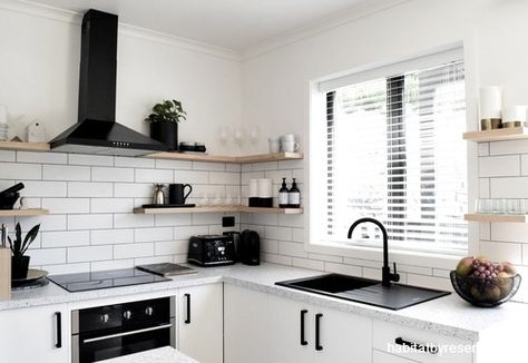 kitchen, black and white kitchen, monochromatic kitchen, resene black white, white kitchen