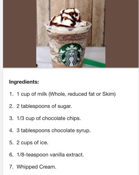 How To Make Starbucks Chocolate Frappuccino, Double Chocolate Chip Frappe Starbucks, Starbucks Chocolate Chip Frappuccino, Starbucks Chocolate Frappuccino, Chocolate Chip Frappe, Starbucks Chocolate, Frappuccino Recipe, Banana Drinks, Copycat Starbucks