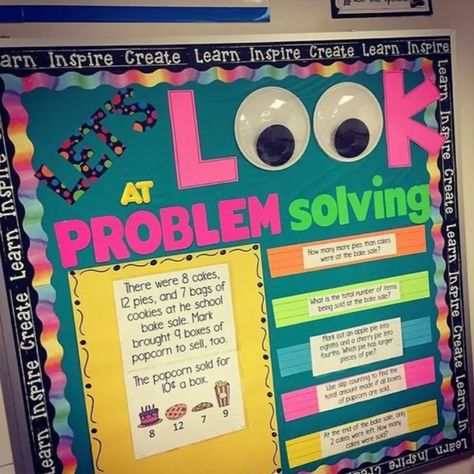 Take a look at this problem-solving bulletin board—those googly eyes are beyond cute. Image Source: Instagram: Classroom Inspirations Math Boggle, Maths Display, Ideas For The Classroom, Math Bulletin Boards, Play Math, Creative Math, Math Boards, Math Talk, Bulletin Board Ideas