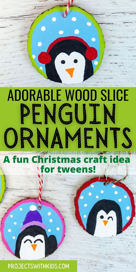 Wood slice painted penguin ornaments. 2nd Grade Christmas Ornaments, 4th Grade Christmas Ornaments, Middle School Ornament Craft, 5th Grade Christmas Crafts, Diy Penguin Ornament, Wood Slice Diy, Kids Make Christmas Ornaments, Diy Penguin, Christmas Projects For Kids