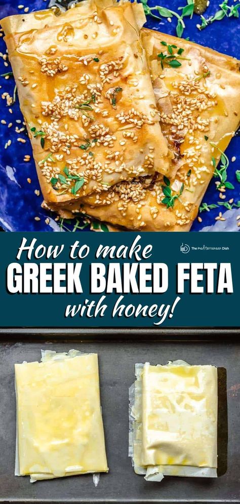 Greek Baked Feta, Baked Feta With Honey, Feta With Honey, Baked Feta Cheese, Greek Appetizer, Cheese With Honey, Philo Dough, Snacky Foods, Olive Tomato