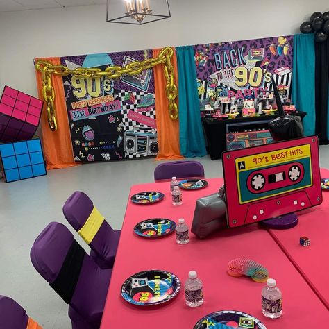 1990's Birthday Party Ideas | Photo 2 of 22 | Catch My Party 1990 Birthday Party Ideas, Back To The 90s Party Decor, 1990s Birthday Party Theme, 1980s Party Decorations, Neon Dance Party, 90s Theme Party Decorations, 90s Party Ideas, 90s Party Decorations, Decades Party