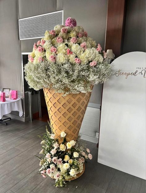 Candyland Bridal Shower Theme, All Scooped Up Bridal Shower Decorations, Ice Cream Floral Arrangement, She’s Scooped Up, She’s Been Scooped Up Theme, She Got Scooped Up, Two Scoops Baby Shower Theme, She's Been Scooped Up, Ice Cream Themed Bridal Shower Ideas