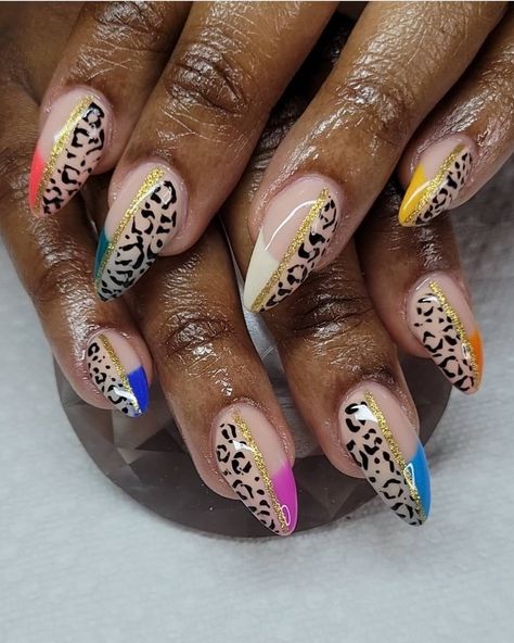 Colorful Cheetah Nails, Colorful Cheetah Print Nails, Pointed Nail Designs, Nail Palette, Nails Board, Cheetah Nail Designs, Funky Fingers, Nail Magic, 2022 Nails