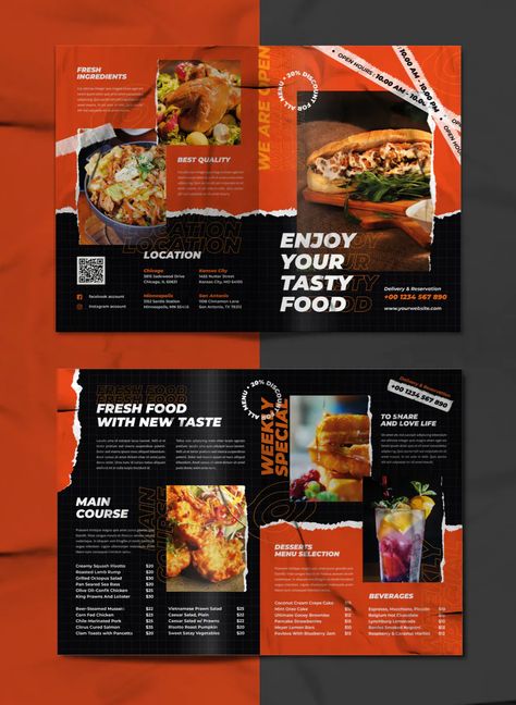 Food Bi-Fold Brochure Template AI, EPS, PSD Food Catalog Design Layout, Food Catalogue Design, Broucher Ideas Design, Brochure Aesthetic, Food Brochures, Food Brochure Design, Food Brochure, Food Catalog, Catalog Design Layout