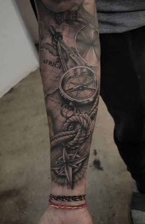 Map Sleeve Tattoos For Guys, Blue Collar Tattoo For Men Sleeve, Survivor Tattoo Ideas For Men, Nautical Half Sleeve Tattoo, Date Tattoos Men, Compass Sleeve Tattoo, Forearm Tattoos For Guys, Ship Tattoo Sleeves, Ocean Sleeve Tattoos