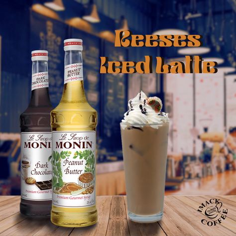 INGREDIENTS: 1/2 oz. Monin Peanut Butter Syrup / 1/2 oz. Monin Dark Chocolate Syrup / 2 shot IMACK Espresso / 5 oz. milk / Whipped cream to garnish ----- INSTRUCTIONS: 1) Fill serving glass full of ice. 2) Pour ingredients into serving glass in order listed. 3) Pour mixture into mixing tin and back into serving glass to mix. 4) Add garnish and serve! Monin Syrup Recipes, Peanut Butter Syrup, Monin Syrup, Butter Syrup, Syrup Recipes, Coffee Trailer, Syrup Recipe, Iced Latte, Chocolate Syrup