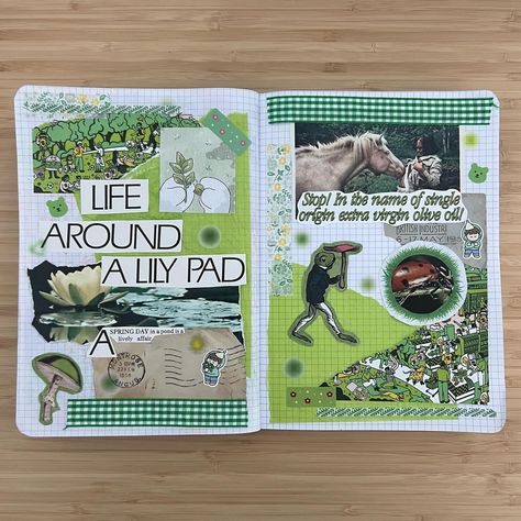 Green Scrapbook Ideas, Green Theme Journal, Journal Types, Collage Scrapbook Layouts, Scrap Collage, Green Scrapbook, Journal Therapy, Journal Layouts, Journaling Inspiration