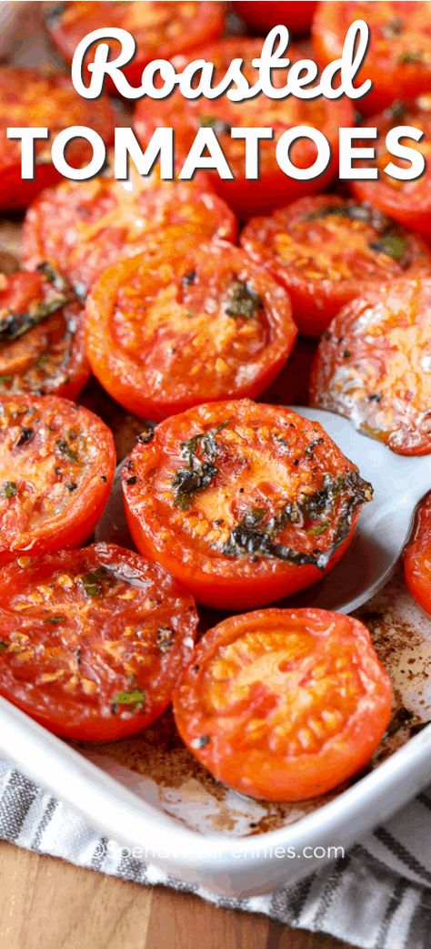 These roasted cherry tomatoes are seriously easy and so delicious! We love making them as a side dish or serving them over pasta! #spendwithpennies #tomatoes #tomato #roastedtomatoes #bakedtomatoes Roasted Red Tomatoes Recipe, Tomato Side Dish, Oven Roasted Tomatoes, Easy Grilled Chicken, Roasted Cherry, Roasted Cherry Tomatoes, Mixing Colors, Veggie Side Dishes, Tomato Recipes