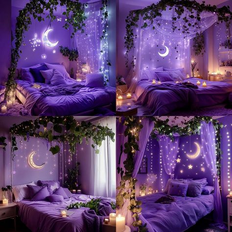 Wisteria Bedroom Decor, Vibe Aesthetic Room, Purple Vibe Aesthetic Room, Romantic Purple Bedroom, Purple Aesthetic Bedroom, Purple Bedroom Aesthetic, Forest Themed Bedroom, Purple Ceiling, Purple Room Decor