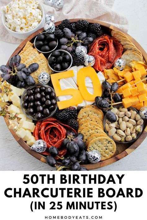 Birthday Cheese Board Ideas, Food For 50th Birthday Party, 50th Birthday Food Ideas, Birthday Cheese Board, Birthday Party Appetizers, Birthday Charcuterie Board, Birthday Charcuterie, Moms 50th Birthday, Milestone Birthday Party