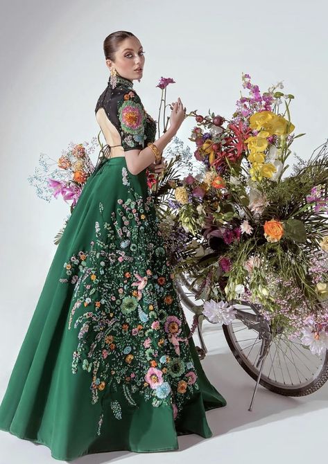 Organza Choli, Hussain Rehar, Celebrities Outfits, Multi Color Flowers, Indian Gowns, Designer Lehenga Choli, Leaf Green, Lehenga Designs, Indian Designer Outfits