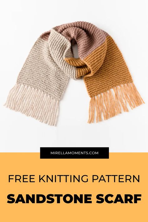 Free knitting pattern for the Sandstone Scarf. This is a fun color block scarf knit with garter stitch and decorated with fringe. Stripe Scarf Knit, Garter Stitch Scarf, Knit Wrap Pattern, Beginner Knit Scarf, Garter Stitch Knitting, Scarf Knitting Pattern, Knit Headband Pattern, Knitting Help, Knitting Patterns Free Scarf