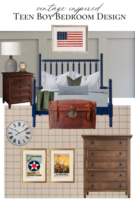 Boy Room With Queen Size Bed, Boys Usa Bedroom, Teen Boy Bedroom Desk, Boy Desk Ideas, Vintage Teen Boy Bedroom, Americana Boy Bedroom, Boys Americana Bedroom, Vintage Boys Room Decor, Traditional Boys Room