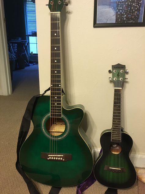 They are not related but they match Green Guitar Acoustic, Green Acoustic Guitar Aesthetic, Dark Green Guitar, Leo Ashton, Guitar Art Diy, Painted Ukulele, Dream Guitar, Guitar Jewelry, Ukulele Chords Songs