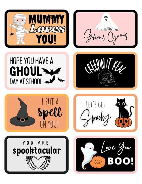 Free printable Halloween lunchbox notes Free Printable Halloween Lunch Box Notes, Halloween Notes For Kids, Halloween Lunchbox Ideas, Halloween Lunchbox Notes, Halloween Free Printables, Halloween Notes, Halloween Lunch Box Notes, Halloween Lunch Ideas, School Lunch Notes