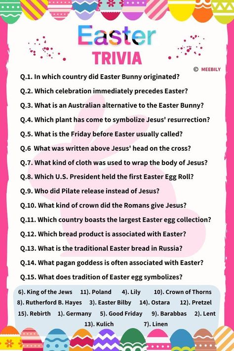 60+ Easter Trivia Questions & Answers For Kids & Adults - Meebily Easter Trivia Questions And Answers, Easter Riddles, Easter Quiz, Easter Trivia, Fun Quiz Questions, Easter Party Games, Easter Lessons, Fun Trivia Questions, Easter Worksheets