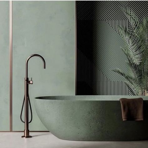 40 Sage Green Bathroom Ideas 94 40 Sage Green Bathroom Ideas Concrete Bathtub, Concrete Bath, Monochromatic Interior, Moody Bathroom, Stone Bathtub, Concrete Bathroom, Monochrome Interior, Greenhouse Interiors, Bathroom Design Trends