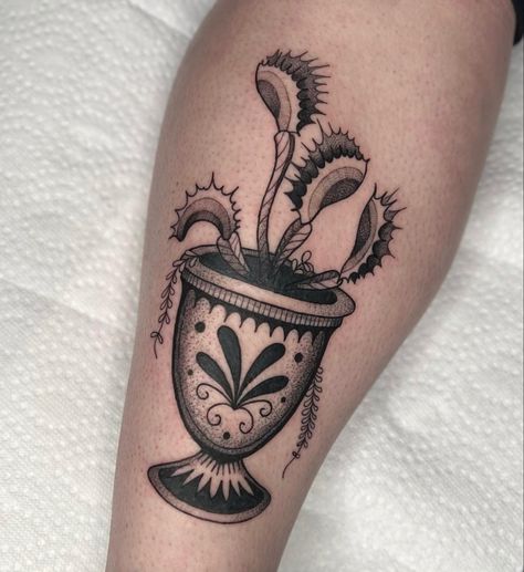 American Traditional Venus Fly Trap, Pitcher Plant Tattoo, Traditional Vase Tattoos, Venus Fly Trap Drawing, Fly Trap Tattoo, Venus Fly Trap Tattoo, Trap Tattoo, Left Arm Tattoos, Traditional Vases