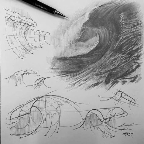 Tutorial Drawing. Waves Sketch, Wave Tutorial, Wave Drawing, Structural Drawing, Some Drawings, Tutorial Drawing, Perspective Drawing Lessons, Concept Art Tutorial, Water Drawing