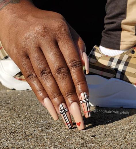 Burberry Nails Design, Shades Of Brown Nails, Burberry Nails, Burberry Pattern, Fall Acrylic, Fall Acrylic Nails, Long Acrylic Nails Coffin, Long Acrylic, Nail Patterns