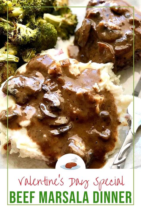 mashed potatoes with gravy, beef and broccoli on a white plate. Beef Marsala Recipes Crock Pot, Beef Marsala Recipes, Steak Marsala Recipe, Beef Merlot, Beef Marsala, Steak Marsala, Ways To Cook Steak, Beef Tenderloin Recipes, Marsala Recipe