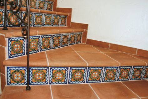 Spanish Cotto Stairs. Spanish Flooring, Tile Staircase, Entrance Steps, Tiled Staircase, Exterior Entrance, Rustic Staircase, Clay Imports, Tile Repair, Saltillo Tile