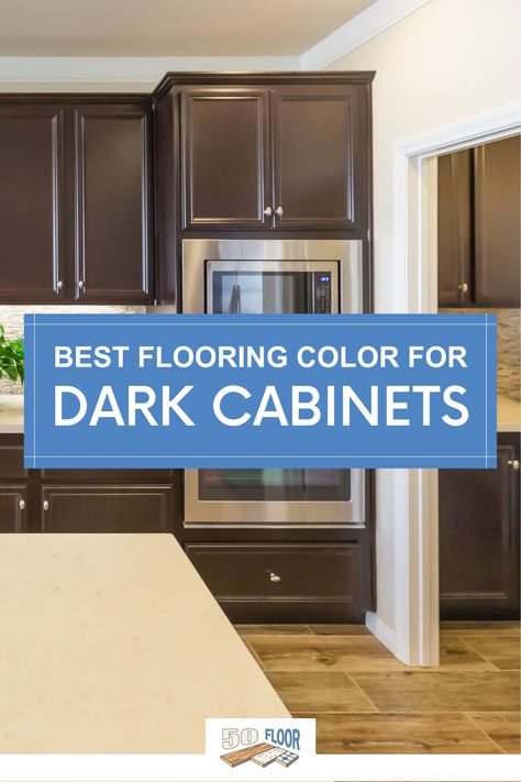 Dark cabinets bring a rich, elegant look to your kitchen, and pairing them with the right flooring can really enhance the space. Avoid selecting a dark floor if you have dark cabinets; this can create the illusion of an enclosed space and make your kitchen feel smaller. A paler floor color can create a wider, more open space and make your kitchen look lighter! #flooringideas #kitchendesign Dark Cabinets Oak Floors, Floors With Dark Cabinets Kitchen, Flooring With Espresso Cabinets, Floors For Dark Cabinets Kitchen, Wood Flooring With Dark Cabinets, Wood Floor With Dark Cabinets, What Color Floor With Dark Cabinets, Light Floors And Dark Cabinets, Flooring Ideas For Dark Cabinets