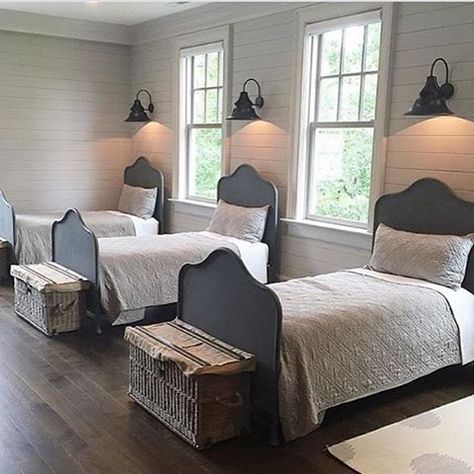 1,285 Likes, 33 Comments - City Farmhouse ® Kim & David (@cityfarmhouse) on Instagram: “💙 #cityfarmhousestyle #farmhousestyle #repost @baublesandbackdrops” Three Twin Beds, Kids Twin Bed, Bunk Rooms, Twin Beds, Shared Bedroom, Kid Rooms, Boys Rooms, Bunk Room, Kids Room Design