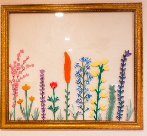 Colorful wildflowers. Acrylic painting. Glass. Gold frame. Painting. Glass Frame Art Painting, Glass Frame Painting Ideas, Painting Ideas On Glass Frame, Paintings On Glass Frames, Flower Frame Painting, Painted Glass Frame Diy Projects, Painting Glass Frame, Paint On Glass Frame, Wildflower Painting Easy