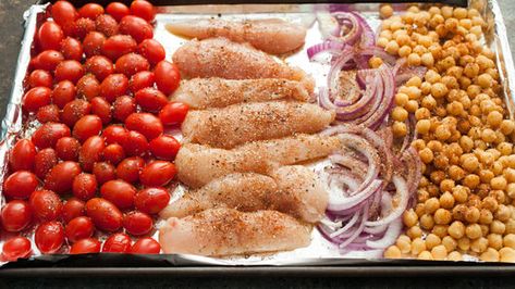 Sheet-Pan Chicken with Roasted Cherry Tomatoes and Chickpeas Recipe - Tablespoon.com Chicken With Cherry Tomatoes Recipe, Chickpeas Recipe, Cherry Tomato Recipes, Sheet Pan Suppers, Roasted Cherry, Healthy Recipes Easy Snacks, Roasted Cherry Tomatoes, Chickpea Recipes, Pan Chicken