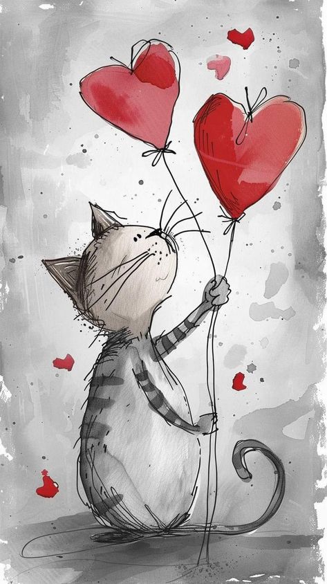 Valentines Day Cat Wallpaper, Whimsical Art Drawings, Whimsical Drawings, Valentines Illustration, Whimsical Art Paintings, 13 November, Whimsical Cats, Cat Valentine, Happy Paintings