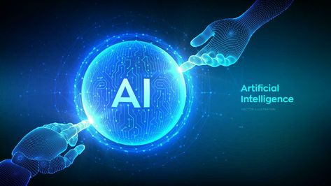 AI. Artificial Intelligence. Hands of Robot and Human touching sphere with circuit board pattern. Artificial Intelligence and Machine Learning technology concept. Neural networks. Vector illustration. Artificial Intelegent Illustration, Brain Png, Learning Technology, Tree Saw, Heart Tree, Cityscape Photos, Heart With Arrow, Photo Template, Circuit Board