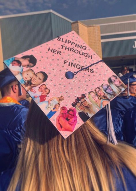 Graduation cap design/ mother & daughter growing together to the song “slipping through my fingers” but in the daughters point of view Slipping Through My Fingers Grad Cap, Glee Graduation Cap Ideas, Graduation Caps Dedicated To Parents, Photo Grad Cap, The Spins Graduation Cap, Trio Graduation Caps, Grad Cap Ideas Mamma Mia, Grad Caps With Pictures, Grad Cap Song Lyrics