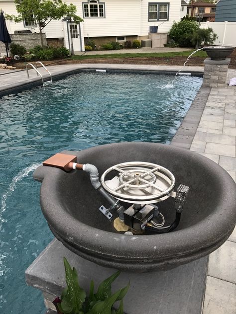 Pool With Fire Bowls Water Features, Poolside Fire Pit Ideas, Pool Fire Bowls, Fire Bowls Outdoor Pool, Pool With Fire Bowls, Silo Pool, Fire Pit With Water Feature, Fire Feature Pool, Propane Fire Bowl