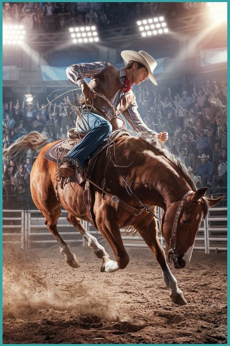 Rodeo cowboy riding a bucking bronco in a packed arena under bright lights. Racing Women, Real Cowgirl, Foto Cowgirl, Rodeo Girls, Rodeo Cowboys, Barrel Racing Horses, Barrel Horse, Cowboy Girl, Rodeo Life