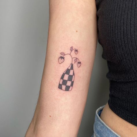 Strawberry Stick And Poke, Strawberry Tattoo, Arm Tats, Stick N Poke Tattoo, Hand Poked Tattoo, Poke Tattoo, Hand Poke, Stick And Poke, Tiny Tattoos