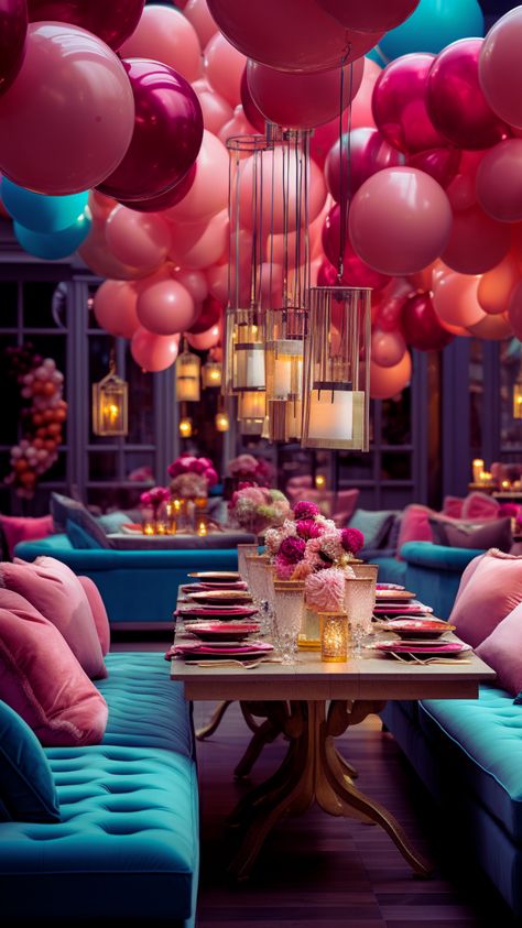 It's giving Chic Summer Vibes? Vibrant shades of pinks and teal blue birthday party decor. Grab some balloons and dinnerware. This birthday bash setup is perfect for a small intimate birthday dinner with your friends. Are you also looking for birthday invitations for your party, shop Pynk Digital Studio. Follow the link. #pinkballoons #birthdaypartyideas #partyinspo #birthdaypartyinspo #birthdayparty #pinkdecor #birthdaydecor #birthdaythemes #teal #birthdaydinner #dinnerdecor #summervibes Blue Pink Party Decoration, Different Shades Of Pink Party Decor, Shades Of Pink Birthday Party Decorations, Luxury Pink Party Sets, Birthday Party Venues Pink, Shades Of Pink Birthday Dinner, Decoration Idea For Home, Intimate Birthday Dinner, Intimate Birthday