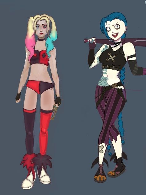 Jinx and harley in each other's clothing and makeup but in their own style! Jinx And Harley Quinn, Harley Wallpaper, Jinx Arcane, Own Style, Harley Quinn, Dress To Impress, Makeup, Quick Saves, Art