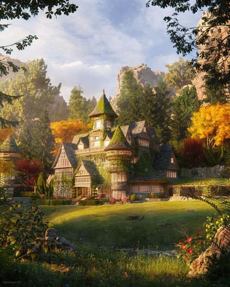 ArtStation - Reclusive Manor, Sweeper3D Paintings And Drawings, Fantasy Homes, Fantasy Forest, Fantasy House, Fantasy City, Fantasy Castle, Fantasy Setting, Fantasy Places, Wow Art