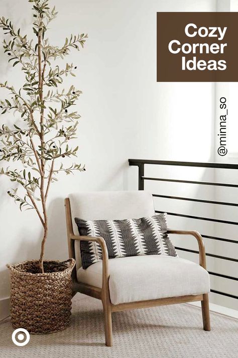 Comfy furniture & decor ideas create a cozy living room corner or reading nook that’s perfect for winter. Comfy Furniture, Room Scandinavian, Wood Armchair, Room Minimalist, Eclectic Living, Room Cozy, Industrial Living, Room Corner, Scandinavian Living