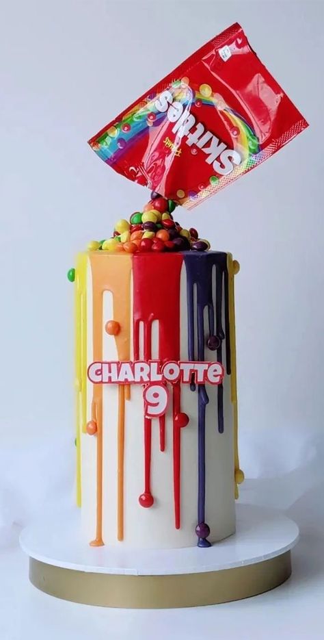 colorful cake, skittle cake, anti-gravity birthday cake, colorful drip cake, birthday cake for girl Skittle Cake Birthday, Birthday Cake 9th Girl, Skittle Cake, Drip Cake Birthday, Birthday Cake Colorful, Birthday Cake For Girl, 50 Birthday Cake, Skittles Cake, Rainbow Layer Cake